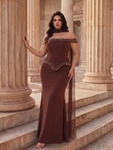 Coutiva Plus Size Women's Rhinestone Decorated Off-Shoulder Mermaid Hem Elegant Formal Evening Gown - Mint Green - View 3