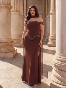 Coutiva Plus Size Women's Rhinestone Decorated Off-Shoulder Mermaid Hem Elegant Formal Evening Gown - Mint Green - View 6