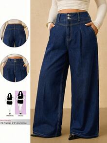 SHEIN PETITE CURVE Plus Size Women's Casual Daily Travel Denim Jeans With Pockets And Buttons - Blue - View 1