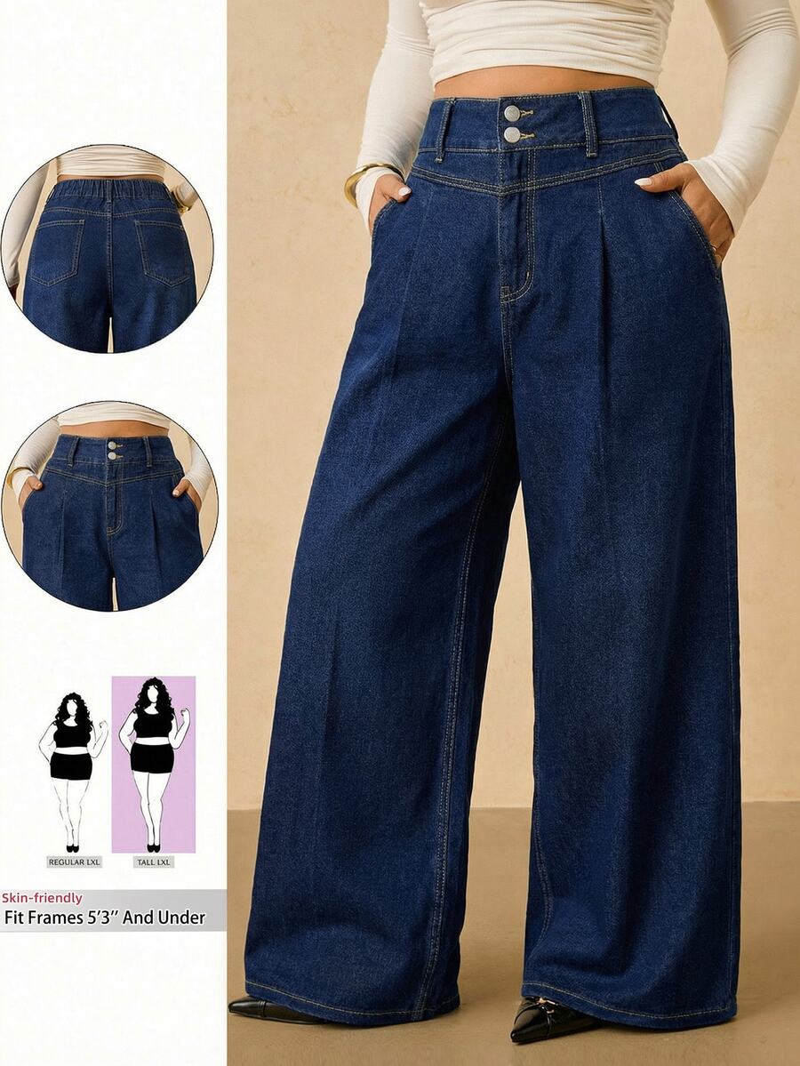 SHEIN PETITE CURVE Plus Size Women's Casual Daily Travel Denim Jeans With Pockets And Buttons - Blue - View 1