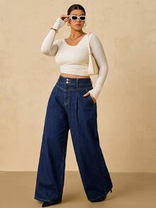 SHEIN PETITE CURVE Plus Size Women's Casual Daily Travel Denim Jeans With Pockets And Buttons - Blue - View 6