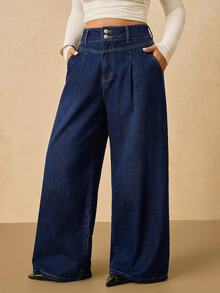 SHEIN PETITE CURVE Plus Size Women's Casual Daily Travel Denim Jeans With Pockets And Buttons - Blue - View 5