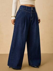 SHEIN PETITE CURVE Plus Size Women's Casual Daily Travel Denim Jeans With Pockets And Buttons - Blue - View 3