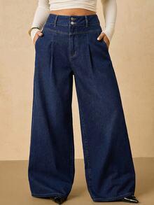 SHEIN PETITE CURVE Plus Size Women's Casual Daily Travel Denim Jeans With Pockets And Buttons - Blue - View 7