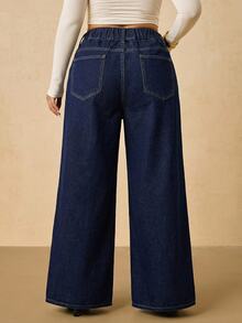 SHEIN PETITE CURVE Plus Size Women's Casual Daily Travel Denim Jeans With Pockets And Buttons - Blue - View 2