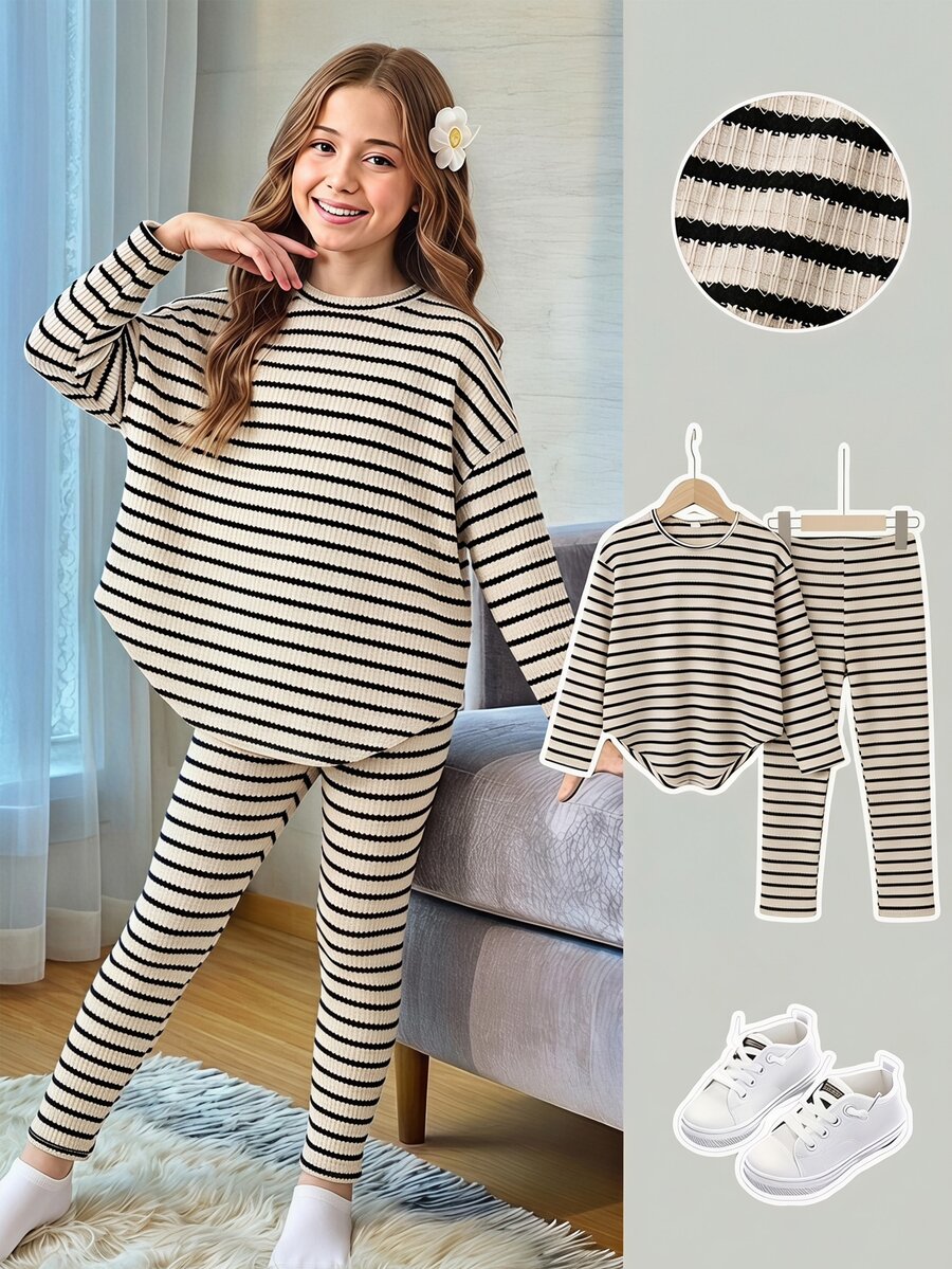 SHEIN Vintaside Kids 女童軟綿復古條紋上衣,圓弧下擺,搭配寬鬆長褲,修身輕盈春/秋裝,返校穿搭 - 黑色 - 查看 1