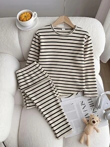 SHEIN Vintaside Kids 女童軟綿復古條紋上衣，圓弧下擺，搭配寬鬆長褲，修身輕盈春/秋裝，返校穿搭 - 黑色 - 查看 3