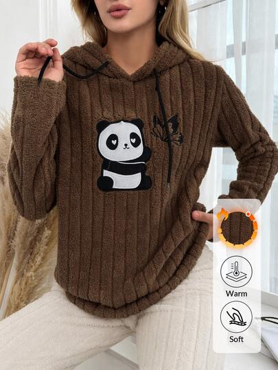 SHEIN Cottnline Top de dormir feminino em tecido felpudo e macio, tons de castanho, com bordado detalhado de panda fofo, peça única, confortável e quente, para casa, inverno, estilo kawaii