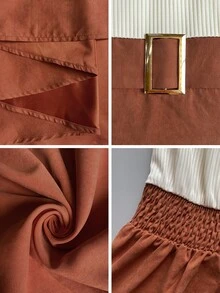 Selianne Women's Spring/Autumn Exquisite Comfortable Apricot & Orange Color Block Deep Shirred Long Sleeve Shirred Waist Inclusive Slimming Metal Buckle Decor A-Line Full Skirt Romantic Date Outing Dinner Versatile Dress - Multicolor - View 4