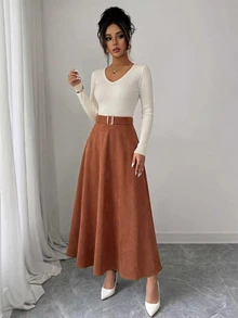 Selianne Women's Spring/Autumn Exquisite Comfortable Apricot & Orange Color Block Deep Shirred Long Sleeve Shirred Waist Inclusive Slimming Metal Buckle Decor A-Line Full Skirt Romantic Date Outing Dinner Versatile Dress - Multicolor - View 3