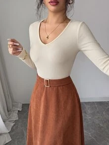 Selianne Women's Spring/Autumn Exquisite Comfortable Apricot & Orange Color Block Deep Shirred Long Sleeve Shirred Waist Inclusive Slimming Metal Buckle Decor A-Line Full Skirt Romantic Date Outing Dinner Versatile Dress - Multicolor - View 5