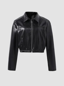 SHEIN 青少年女孩秋季服飾 PU皮革夾克，黑色短款機車外套，時尚街頭風可愛牛仔開學校外穿搭 - 黑色 - 查看 4