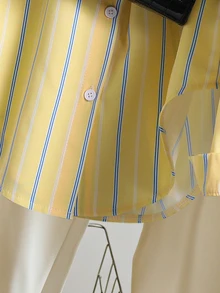 SHEIN قمصان فتيات المراهقات الخريفية مخططة باللونين الأزرق والأصفر، ملابس علوية حماية من الشمس، أسلوب كوري، عطلة، خريف، سفر، أنيق، كاجوال، ملابس - أصفر - مشاهدة 6
