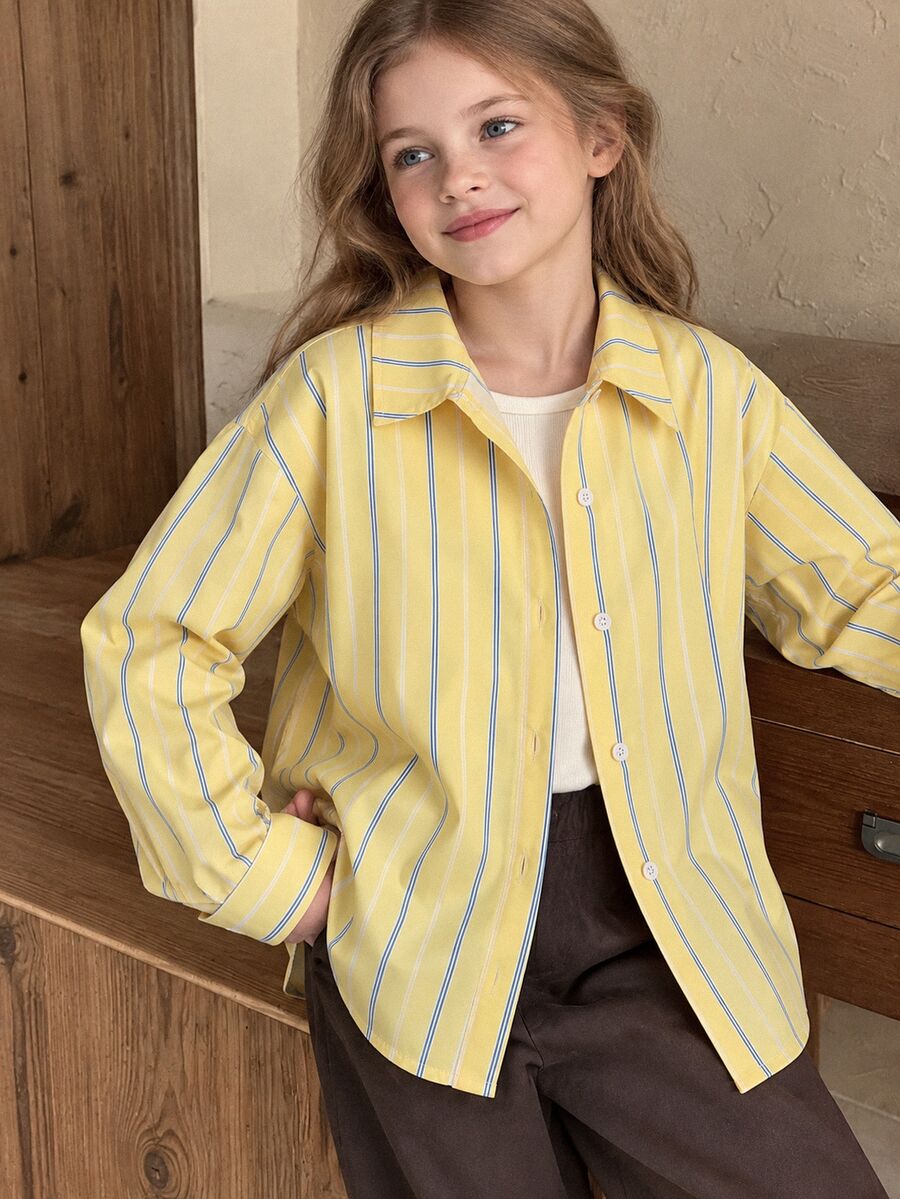 SHEIN قمصان فتيات المراهقات الخريفية مخططة باللونين الأزرق والأصفر، ملابس علوية حماية من الشمس، أسلوب كوري، عطلة، خريف، سفر، أنيق، كاجوال، ملابس