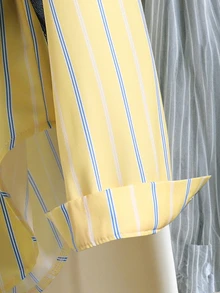 SHEIN قمصان فتيات المراهقات الخريفية مخططة باللونين الأزرق والأصفر، ملابس علوية حماية من الشمس، أسلوب كوري، عطلة، خريف، سفر، أنيق، كاجوال، ملابس - أصفر - مشاهدة 7