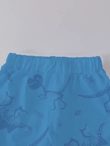 SHEIN 一套男童休闲时尚趣味卡通恐龙印花短袖圆领T恤和短裤套装，适合户外、运动、上学、春夏穿着，蓝色恐龙印花套装 - 彩色 - 查看 7