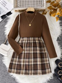 SHEIN 2件組女童長袖T恤格紋裙套裝，80年代Y2K風格，校園家庭風，秋季感恩節棕色格紋 - 棕色 - 查看 4