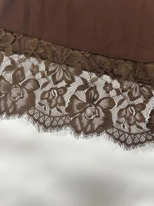 Modelyn 極簡優雅純色雪紡彈性腰蕾絲飾邊A字版型春夏/秋冬大尺碼半身裙 - 咖啡棕 - 查看 6
