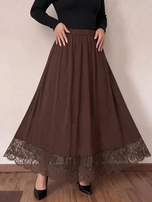 Modelyn 極簡優雅純色雪紡彈性腰蕾絲飾邊A字版型春夏/秋冬大尺碼半身裙 - 咖啡棕 - 查看 3