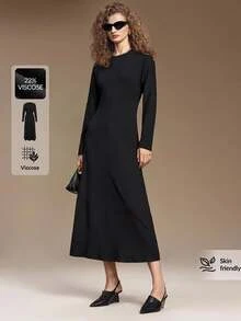 Ontre Gaun Panjang Leher Bulat Polos - Hitam - View 6