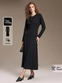 Ontre Gaun Panjang Leher Bulat Polos - Hitam - View 3