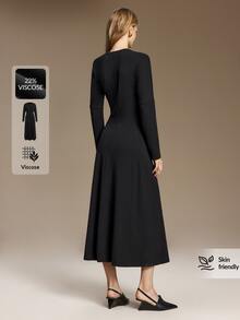 Ontre Gaun Panjang Leher Bulat Polos - Hitam - View 5