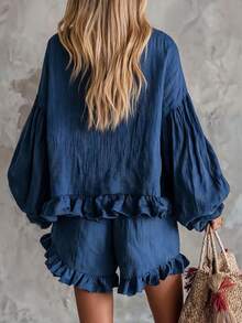 Trelyra Setelan Wanita Elegan Boho Tropis Biru Muda Bertekstur Chiffon Longgar Gaya Korea Santai Manis Keren, Lengan Mengembang dan Ruffle Dua Potong Musim Gugur - Navy Blue - View 2