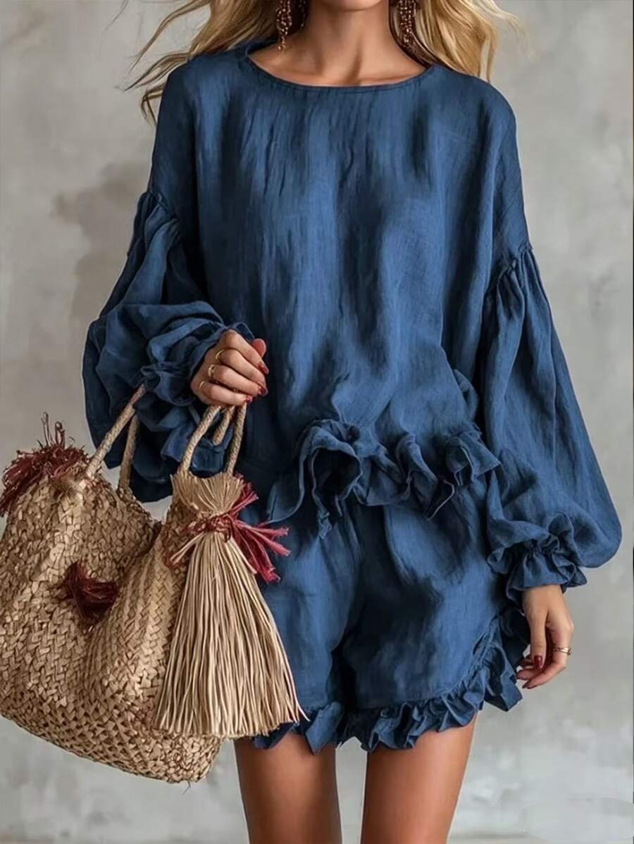 Trelyra Setelan Wanita Elegan Boho Tropis Biru Muda Bertekstur Chiffon Longgar Gaya Korea Santai Manis Keren, Lengan Mengembang dan Ruffle Dua Potong Musim Gugur - Navy Blue - View 1
