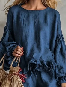 Trelyra Setelan Wanita Elegan Boho Tropis Biru Muda Bertekstur Chiffon Longgar Gaya Korea Santai Manis Keren, Lengan Mengembang dan Ruffle Dua Potong Musim Gugur - Navy Blue - View 4