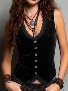 SHEIN Women's Elegant Versatile Button Lace Patchwork Tank Top - Black - View 3