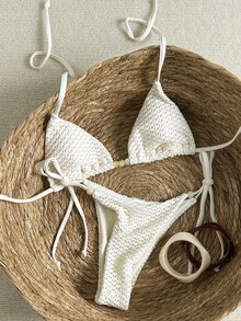 SHEIN Swim Women's Textured Beaded Halter Bikini Set, Spring/Summer - Beige - View 1