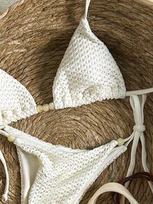 SHEIN Swim Women's Textured Beaded Halter Bikini Set, Spring/Summer - Beige - View 3