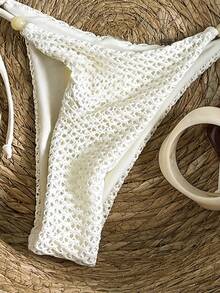 SHEIN Swim Women's Textured Beaded Halter Bikini Set, Spring/Summer - Beige - View 4
