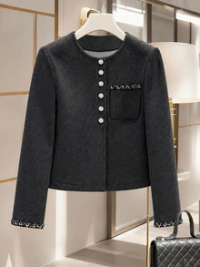 GlowEve CURVE Plus Size Women's French Style Round Neck Short Jacket, Dark Grey Pearl Button Loose Fit, Cuff And Pocket Trim Design, Autumn/Winter Elegant Formal - Dark Grey - View 6