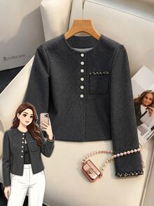GlowEve CURVE Plus Size Women's French Style Round Neck Short Jacket, Dark Grey Pearl Button Loose Fit, Cuff And Pocket Trim Design, Autumn/Winter Elegant Formal - Dark Grey - View 8