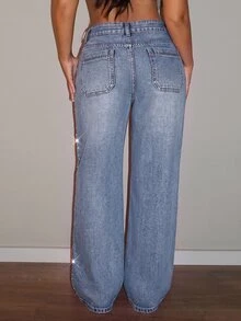 SHEIN PETITE Women's Loose Wide Leg Casual Denim Jeans With Pockets And Rhinestone - Light Wash - View 2