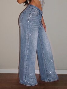 SHEIN PETITE Women's Loose Wide Leg Casual Denim Jeans With Pockets And Rhinestone - Light Wash - View 5