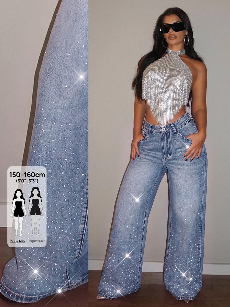SHEIN PETITE Women's Loose Wide Leg Casual Denim Jeans With Pockets And Rhinestone - Light Wash - View 1