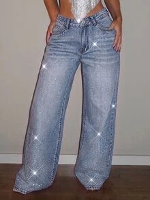 SHEIN PETITE Women's Loose Wide Leg Casual Denim Jeans With Pockets And Rhinestone - Light Wash - View 3