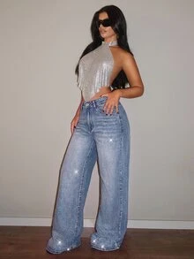 SHEIN PETITE Women's Loose Wide Leg Casual Denim Jeans With Pockets And Rhinestone - Light Wash - View 6