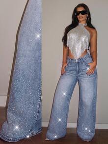 SHEIN PETITE Women's Loose Wide Leg Casual Denim Jeans With Pockets And Rhinestone - Light Wash - View 7