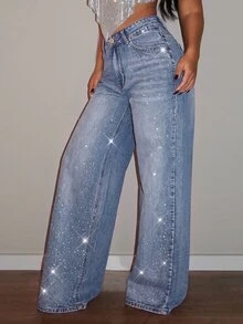 SHEIN PETITE Women's Loose Wide Leg Casual Denim Jeans With Pockets And Rhinestone - Light Wash - View 4