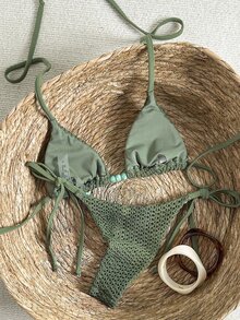 SHEIN Swim 女士纹理串珠挂脖比基尼套装，春夏钩针编织泳装，绿色比基尼，钩针编织比基尼泳装，比基尼配饰 - 軍綠色 - 查看 2