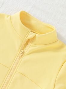 SHEIN Elladie kids Tween Girls Jacket Set, Cream Yellow, Jacket + Pants 2 Pieces Set, Loose Fit, Warm For Autumn/Winter, Fashionable & Versatile, Autumn, Casual, Zipper, Hooded, Autumn, Collar, Bowknot, Round Neck, Knitted Autumn/Winter, Thermal Lined & Thickened - Yellow - View 4