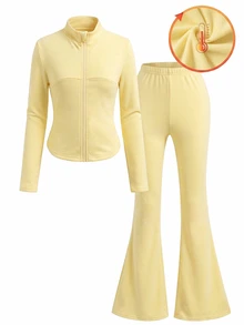 SHEIN Elladie kids Tween Girls Jacket Set, Cream Yellow, Jacket + Pants 2 Pieces Set, Loose Fit, Warm For Autumn/Winter, Fashionable & Versatile, Autumn, Casual, Zipper, Hooded, Autumn, Collar, Bowknot, Round Neck, Knitted Autumn/Winter, Thermal Lined & Thickened - Yellow - View 3