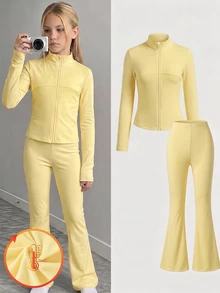 SHEIN Elladie kids Tween Girls Jacket Set, Cream Yellow, Jacket + Pants 2 Pieces Set, Loose Fit, Warm For Autumn/Winter, Fashionable & Versatile, Autumn, Casual, Zipper, Hooded, Autumn, Collar, Bowknot, Round Neck, Knitted Autumn/Winter, Thermal Lined & Thickened - Yellow - View 8