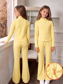 SHEIN Elladie kids Tween Girls Jacket Set, Cream Yellow, Jacket + Pants 2 Pieces Set, Loose Fit, Warm For Autumn/Winter, Fashionable & Versatile, Autumn, Casual, Zipper, Hooded, Autumn, Collar, Bowknot, Round Neck, Knitted Autumn/Winter, Thermal Lined & Thickened - Yellow - View 6