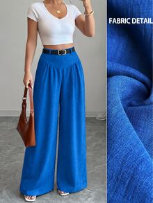 Elenzga Plus Size Women's Navy Blue Elegant Flowy Wide Leg Pants, Textured Fabric, Suitable For Work And Casual Wear, Perfect For Dates, Commuting And Various Occasions - Blue - View 3