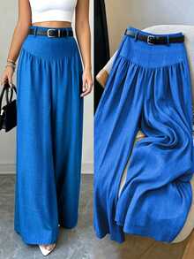 Elenzga Plus Size Women's Navy Blue Elegant Flowy Wide Leg Pants, Textured Fabric, Suitable For Work And Casual Wear, Perfect For Dates, Commuting And Various Occasions - Blue - View 10