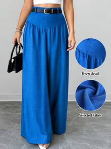 Elenzga Plus Size Women's Navy Blue Elegant Flowy Wide Leg Pants, Textured Fabric, Suitable For Work And Casual Wear, Perfect For Dates, Commuting And Various Occasions - Blue - View 1